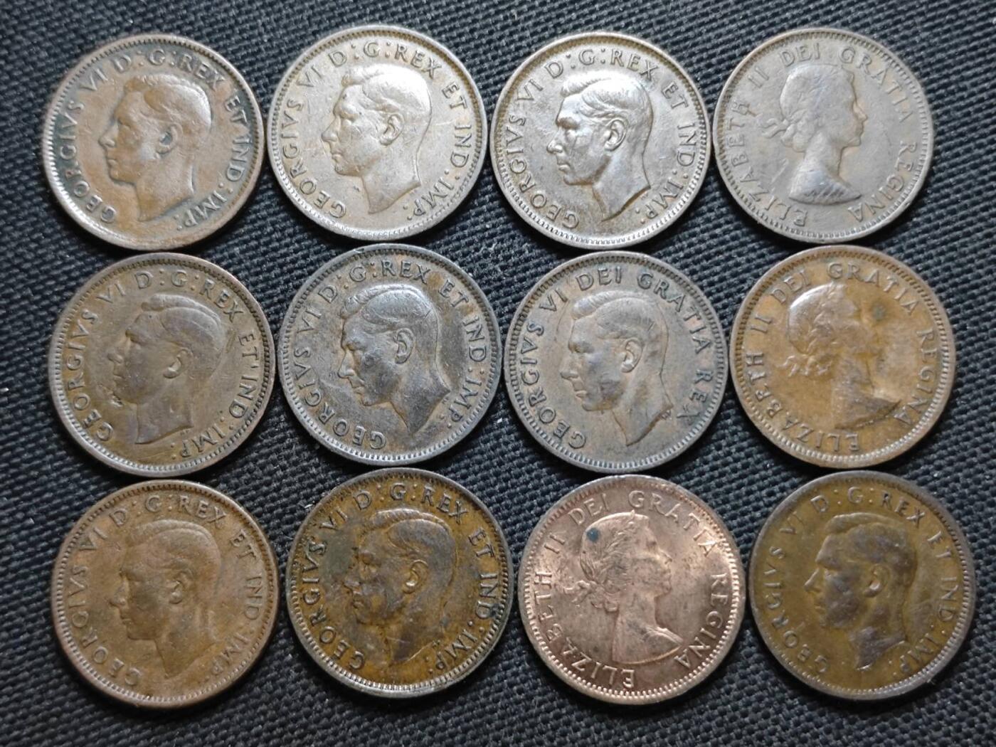 KK钱币收藏小铺  第370场  2月预留时间 周末发货  加拿大1941-1955年一分一组12枚，年份不一样 乔六到女王