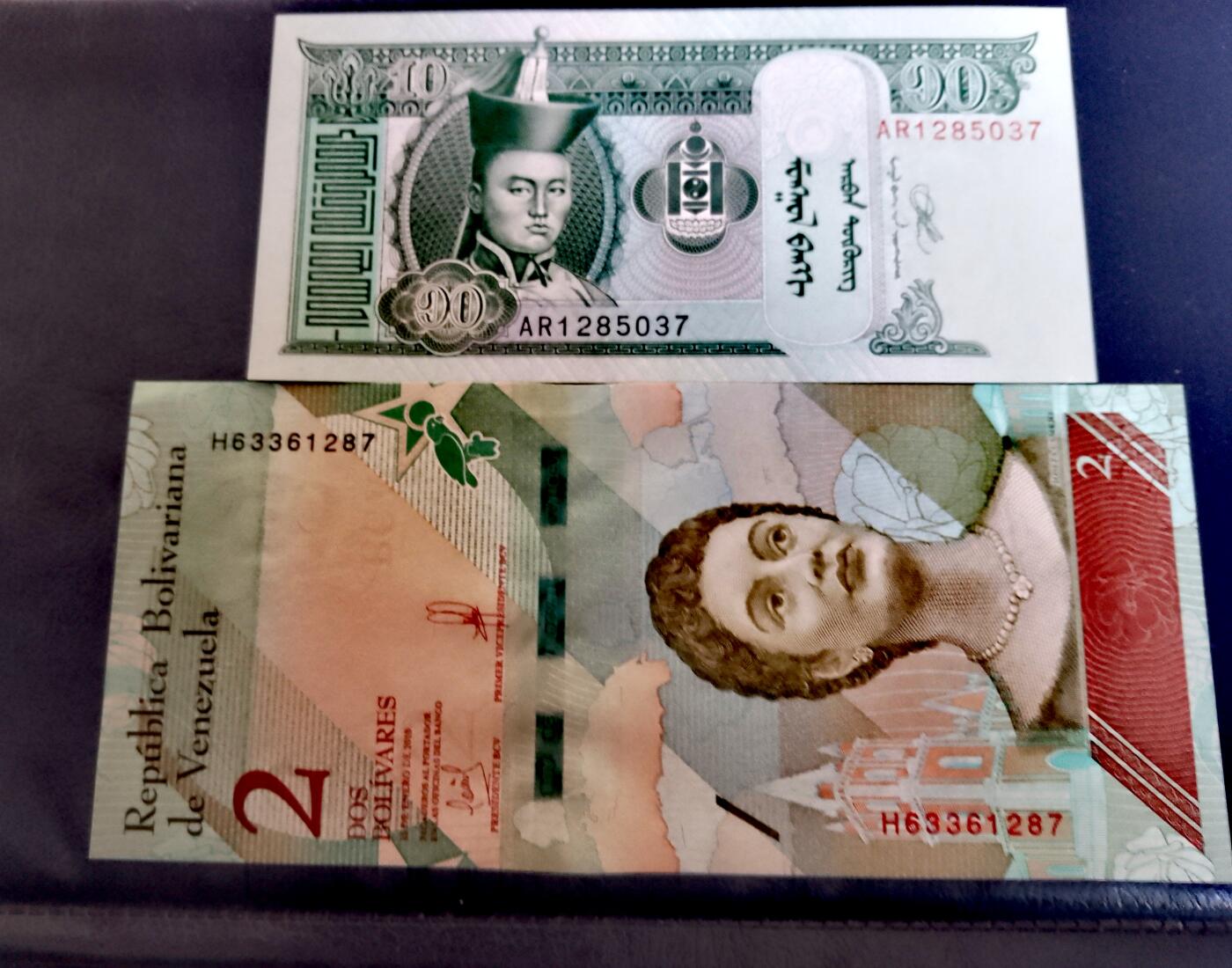 全新蒙古2020年10图格、委内瑞拉2018年2波利瓦尔靓品纸币2枚一对