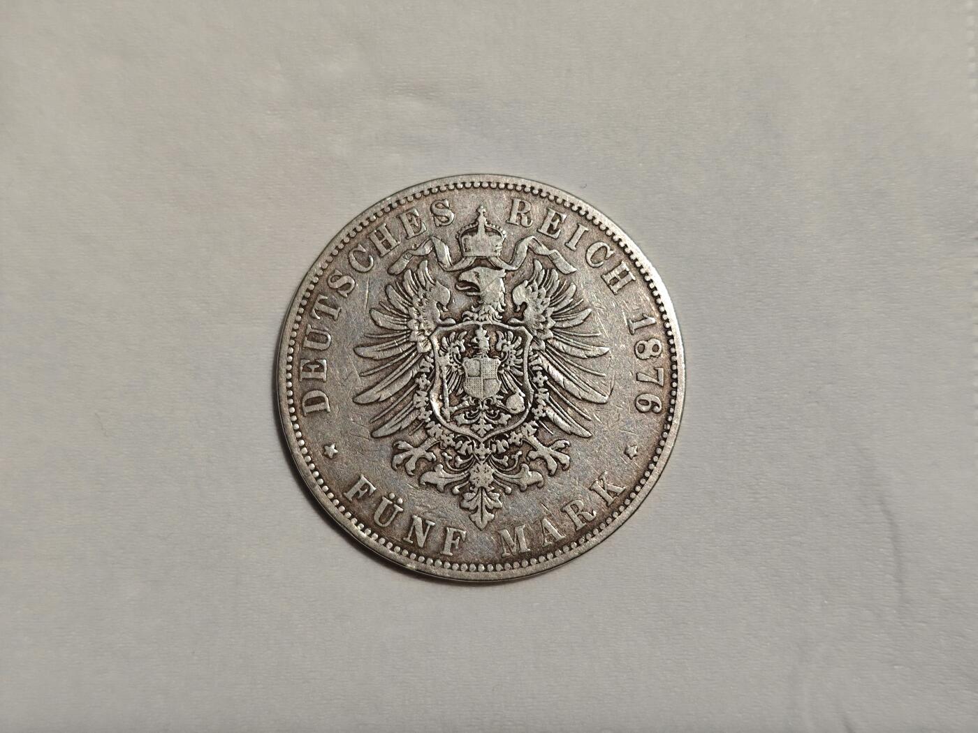 德国 银币 5马克 汉堡 短翅鹰 1876年