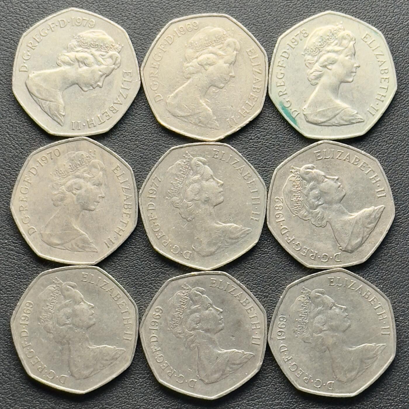 ＜小葵钱铺＞第65期·散币·银币场·满200包邮，不寄存·17号发货 英国散年份不列颠女神大50便士硬币9枚（30mm）