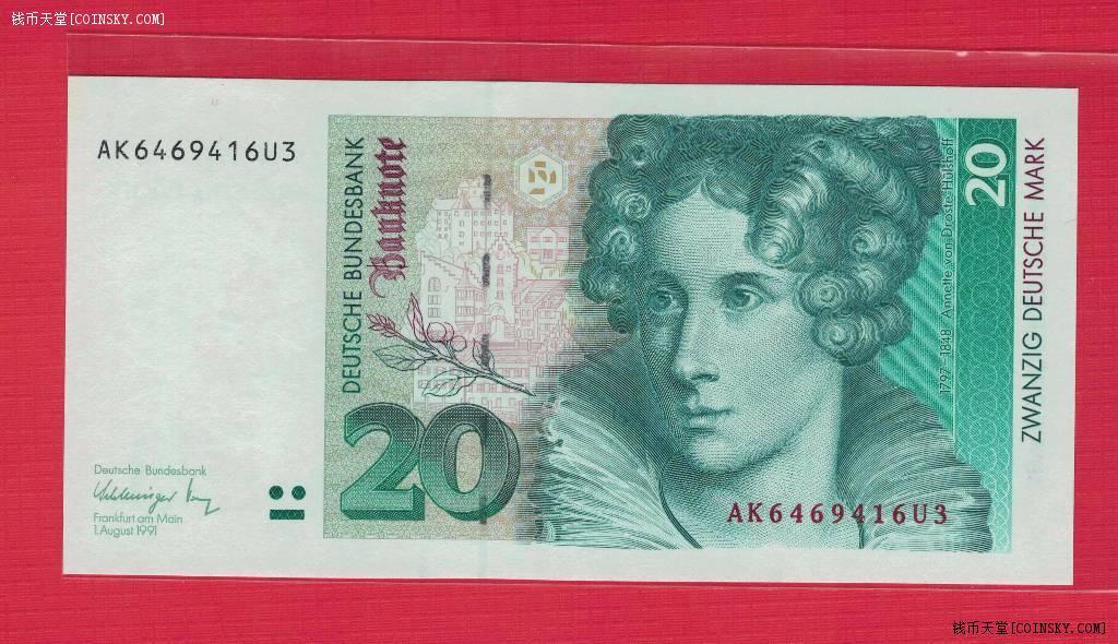 德国1991年20马克 P-39a 实物图 UNC