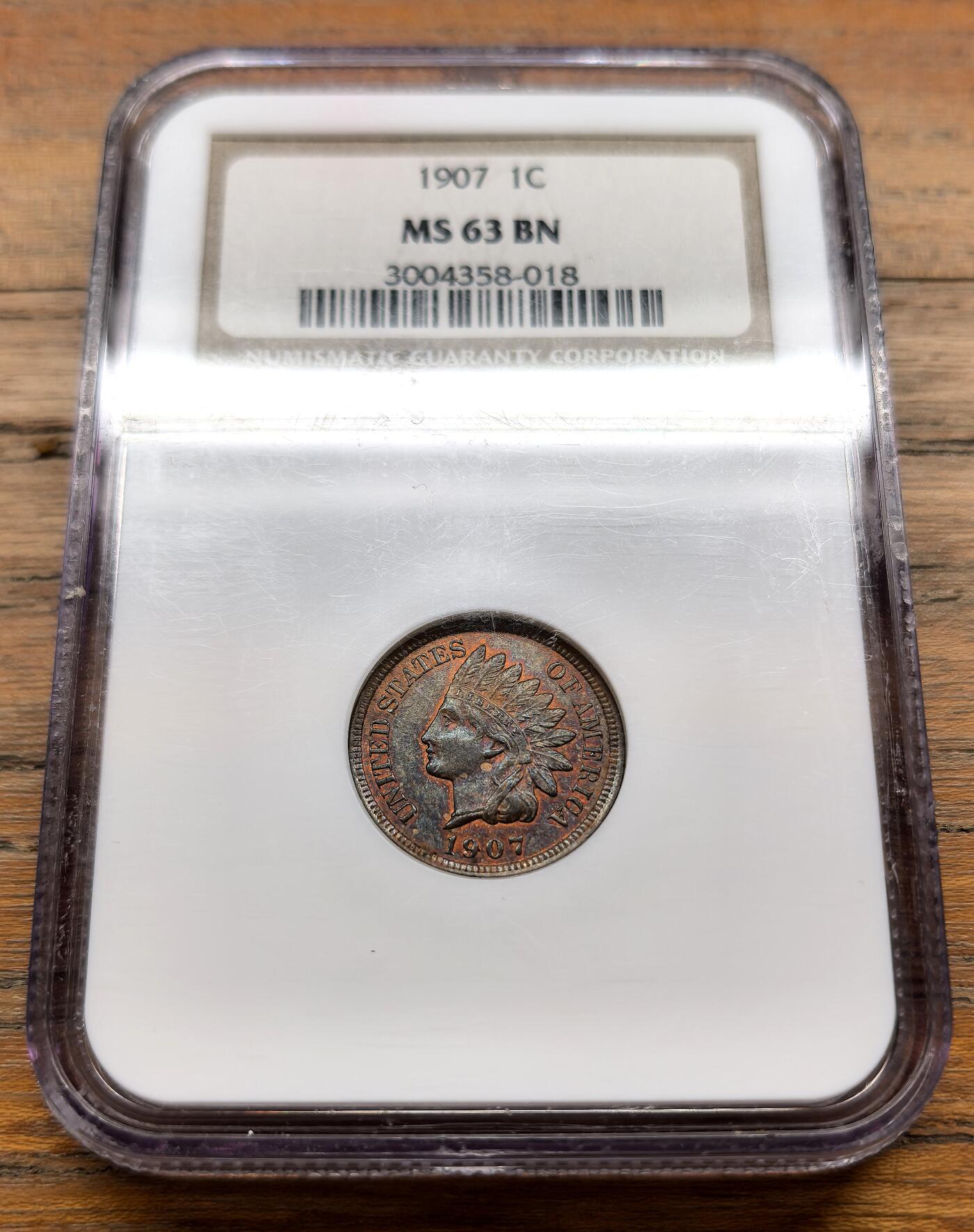 泉海漫舟·凡希社世界钱币微拍第三百十四期 1907美国印第安头像1分铜币NGC-MS63