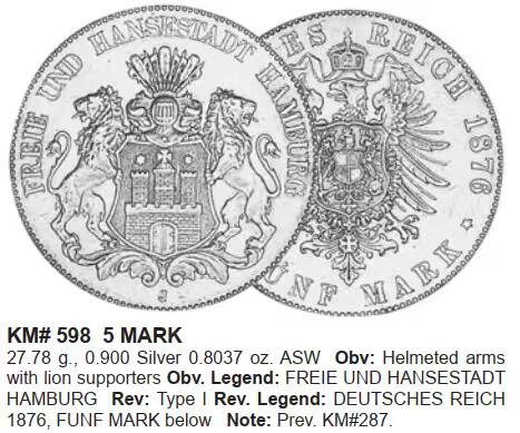 德国 银币 5马克 汉堡 短翅鹰 1876年