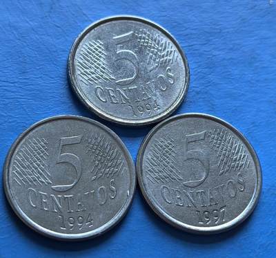 外国优质老铜币银币，周六九点倒数截拍，满百包邮，可寄存半年，喜欢朋友微信扫描二维码可直接参拍 - 巴西90年代5分3枚