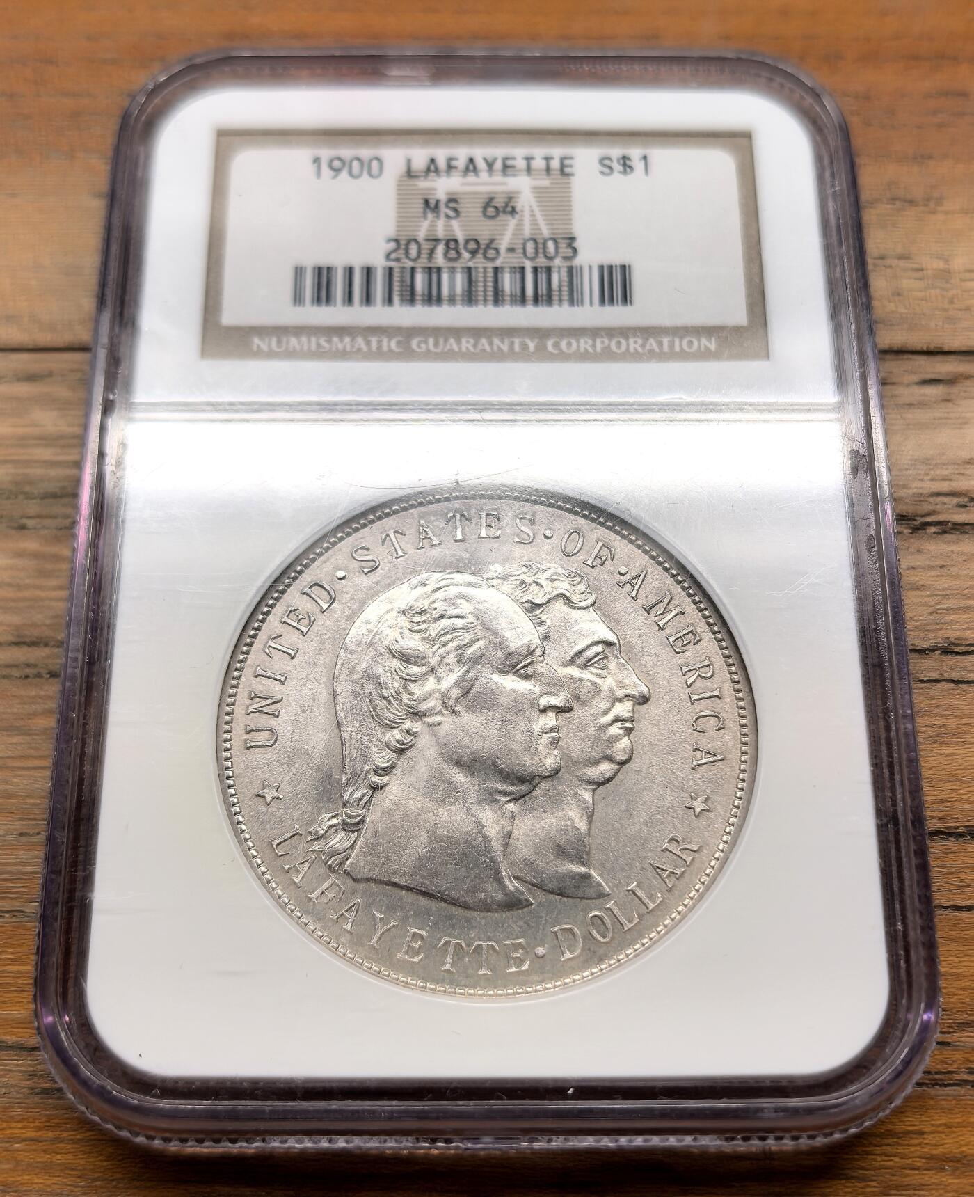 泉海漫舟·凡希社世界钱币微拍第三百十四期 荐！1900美国拉法耶特DOLLAR纪念大银NGC-MS64，美国首枚纪念DOLLAR，浅灰彩粉光，质感一流，光泽温润雅致，兼具艺术与历史价值的二十世纪名誉品种。（附视频）
