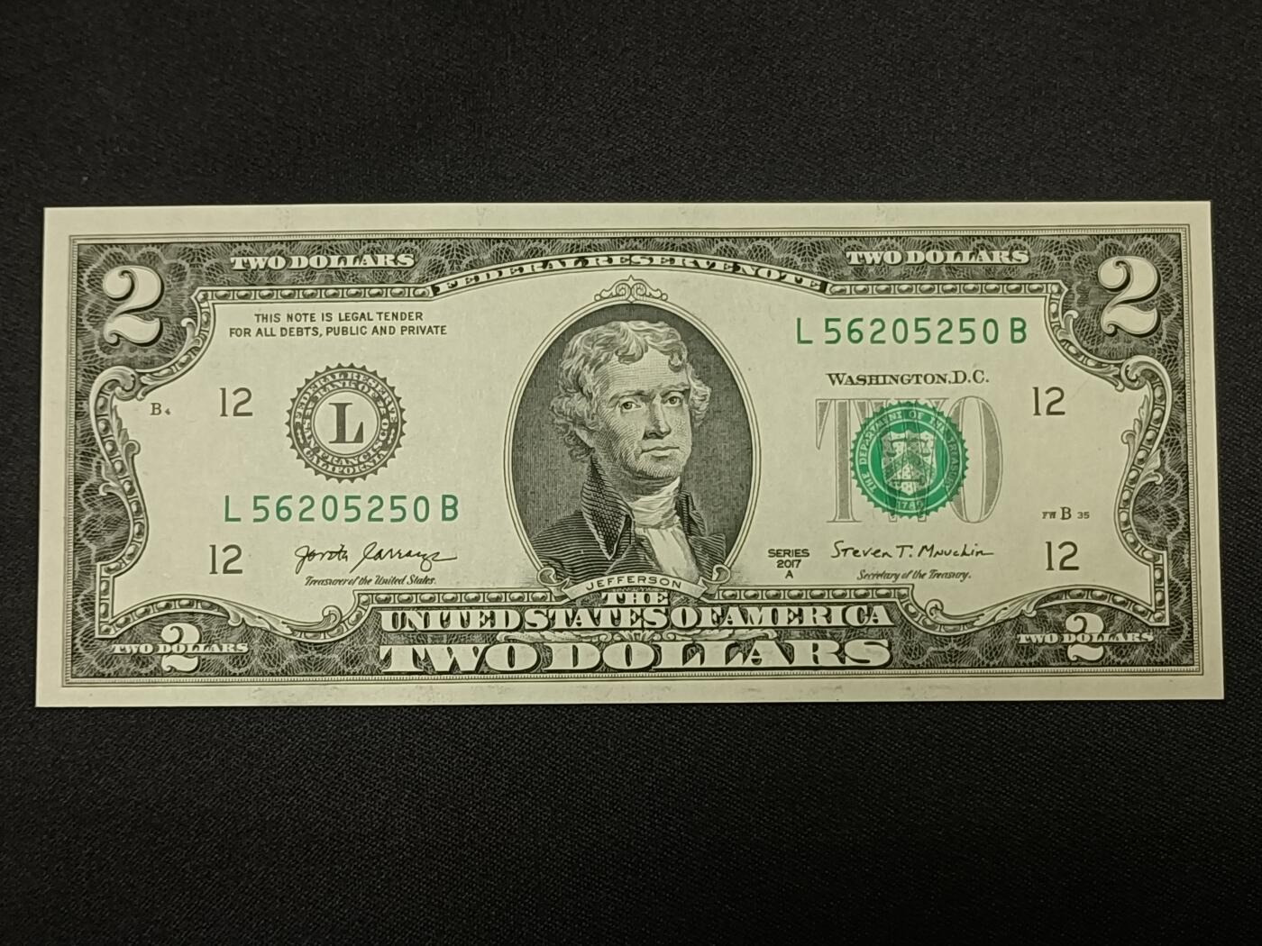 【游宝拍卖】乙巳蛇年86期  美国-2美元【SERIES-2017A L12旧金山 全新UNC】