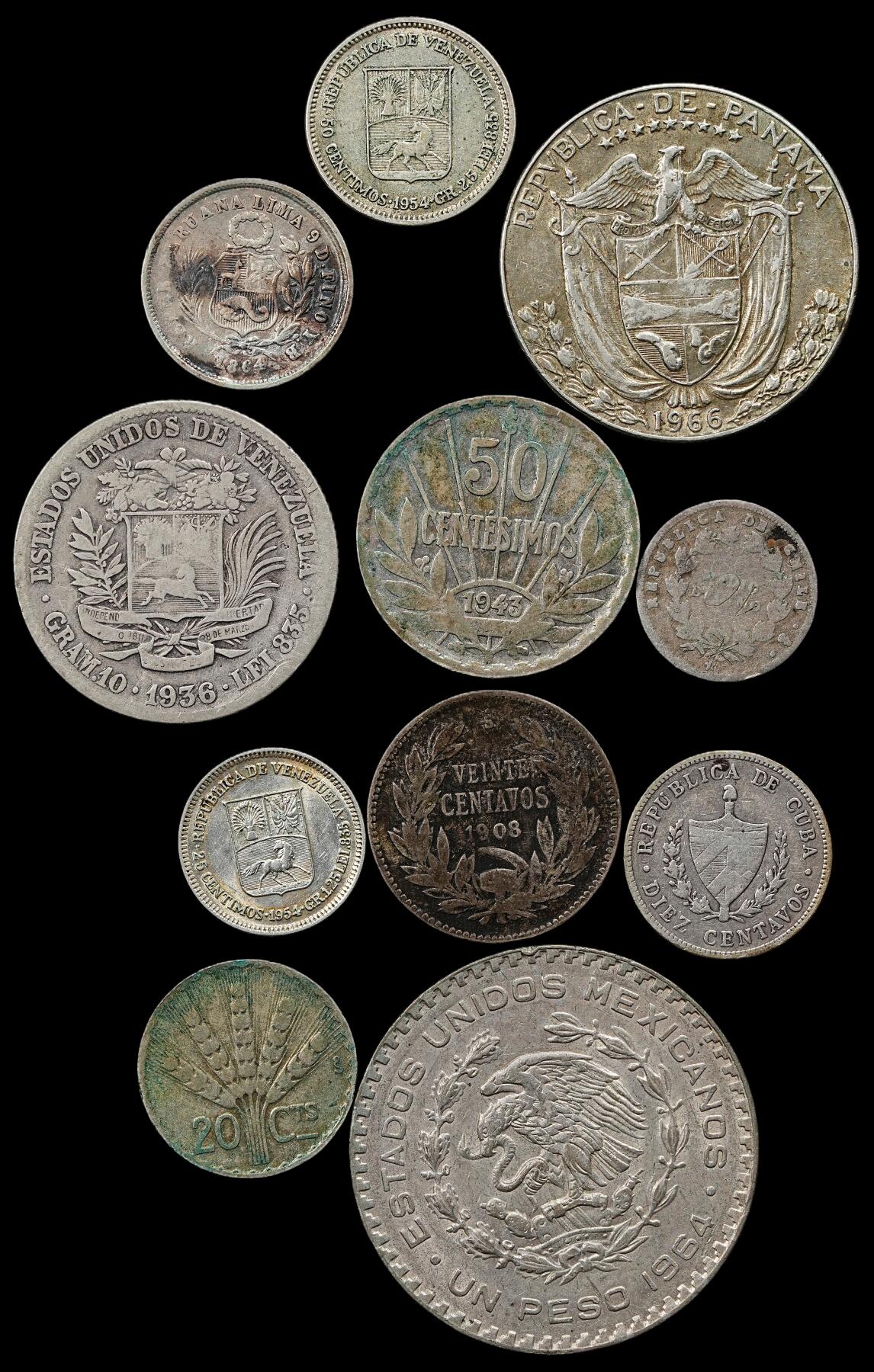 修遠堂世界钱币第九十三期 拉美旧银币一组 含银不一 其中墨西哥低银币一枚重 16.03g，其余重43.54g