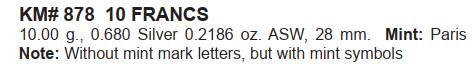 法国 银币 10法郎 谷物女神 1934年
