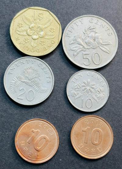 文馨钱币收藏第 281 场，【 长期接收代拍品】银元，银币，套币，纸币专场（本场截拍后休息三天，19 号发货） - 新加坡 4 枚套币➕全新 UNC 韩国 2 枚