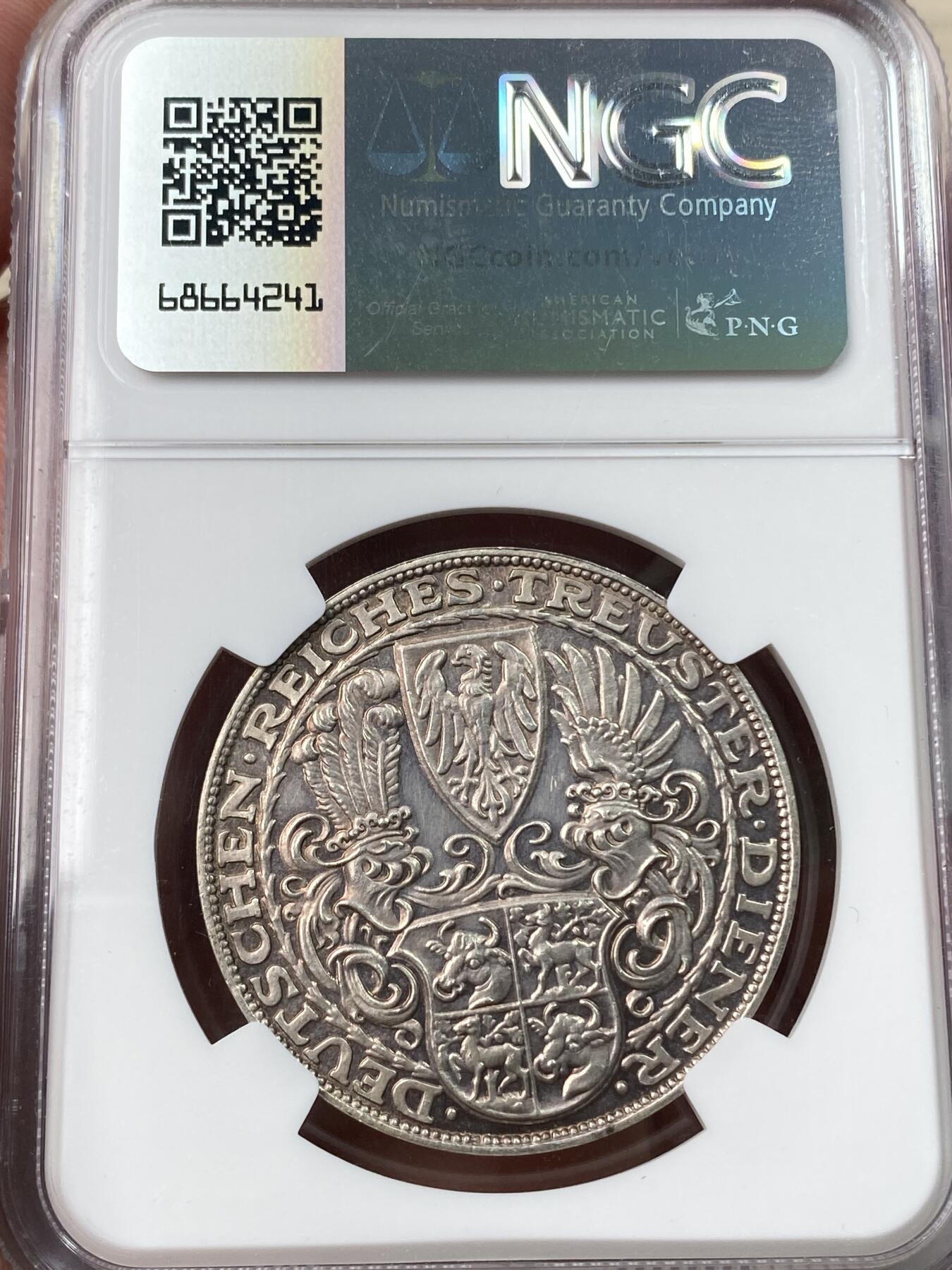 万国钱币拍卖第055期 NGC MS62 1927年德国魏玛共和国兴登堡总统80大寿5马克币章 卡尔哥茨作品 原味银霜感强