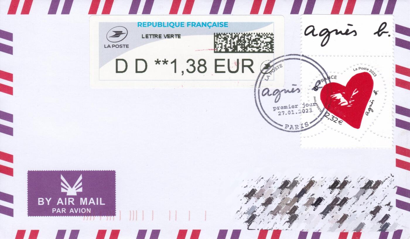11月20日（周四）20:00海外封片专场 2023法国《情人节--奢侈品品牌Agnès b.》 2.32欧元面值 电子票补资 加盖首日纪念戳 原地首日平寄国内 一套一枚 郭姐作品