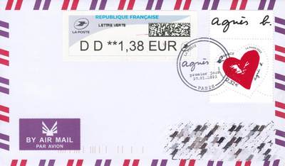 11月20日（周四）20:00海外封片专场 - 2023法国《情人节--奢侈品品牌Agnès b.》 2.32欧元面值 电子票补资 加盖首日纪念戳 原地首日平寄国内 一套一枚 郭姐作品