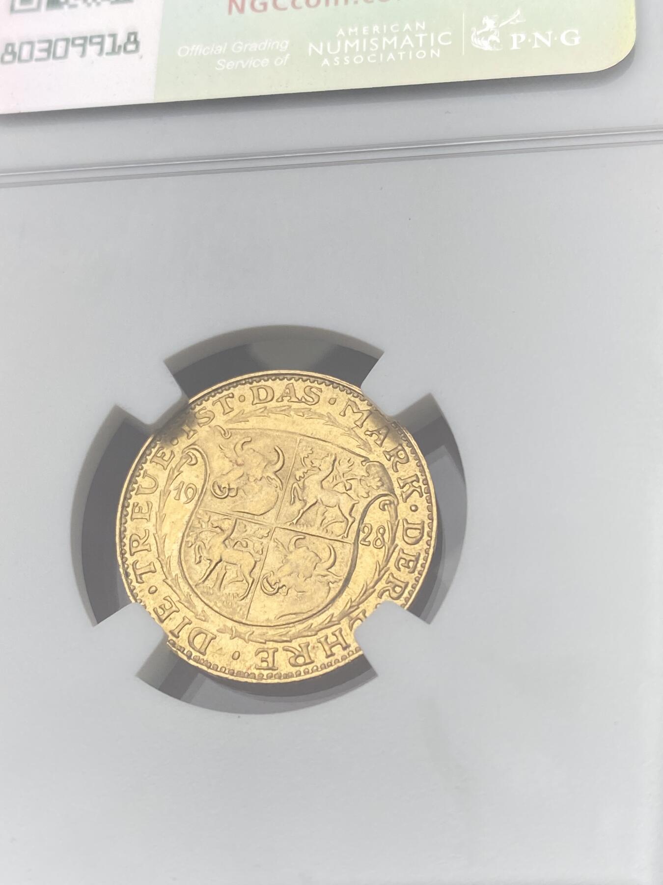 万国钱币拍卖第055期 NGC MS63 1928年德国魏玛共和国兴登堡总统80大寿纪念流通10马克币章 卡尔哥茨名誉设计品种 3.27G 900金