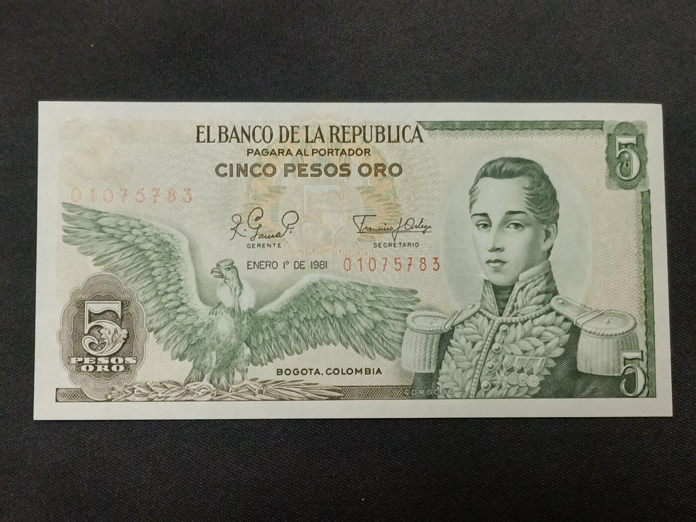 【游宝拍卖】乙巳蛇年86期  哥伦比亚-5比索【1981年 全新UNC】