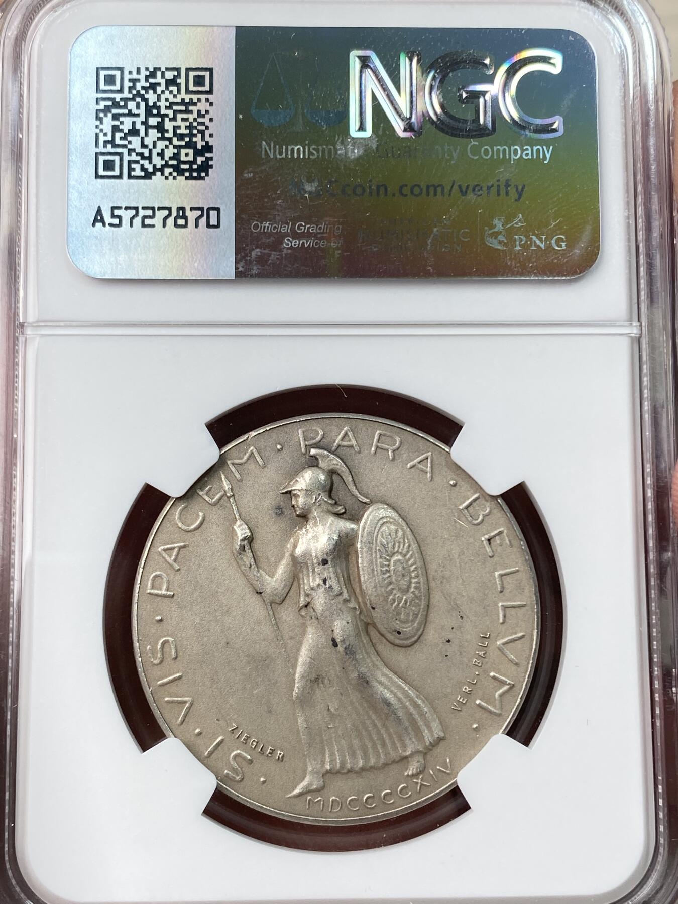 万国钱币拍卖第055期 NGC MS63 1914年德国威廉二世第一次世界大战开战纪念银章 日耳曼尼娅化身女武神奔赴战场 精制MATTE喷砂高浮雕罕见品种