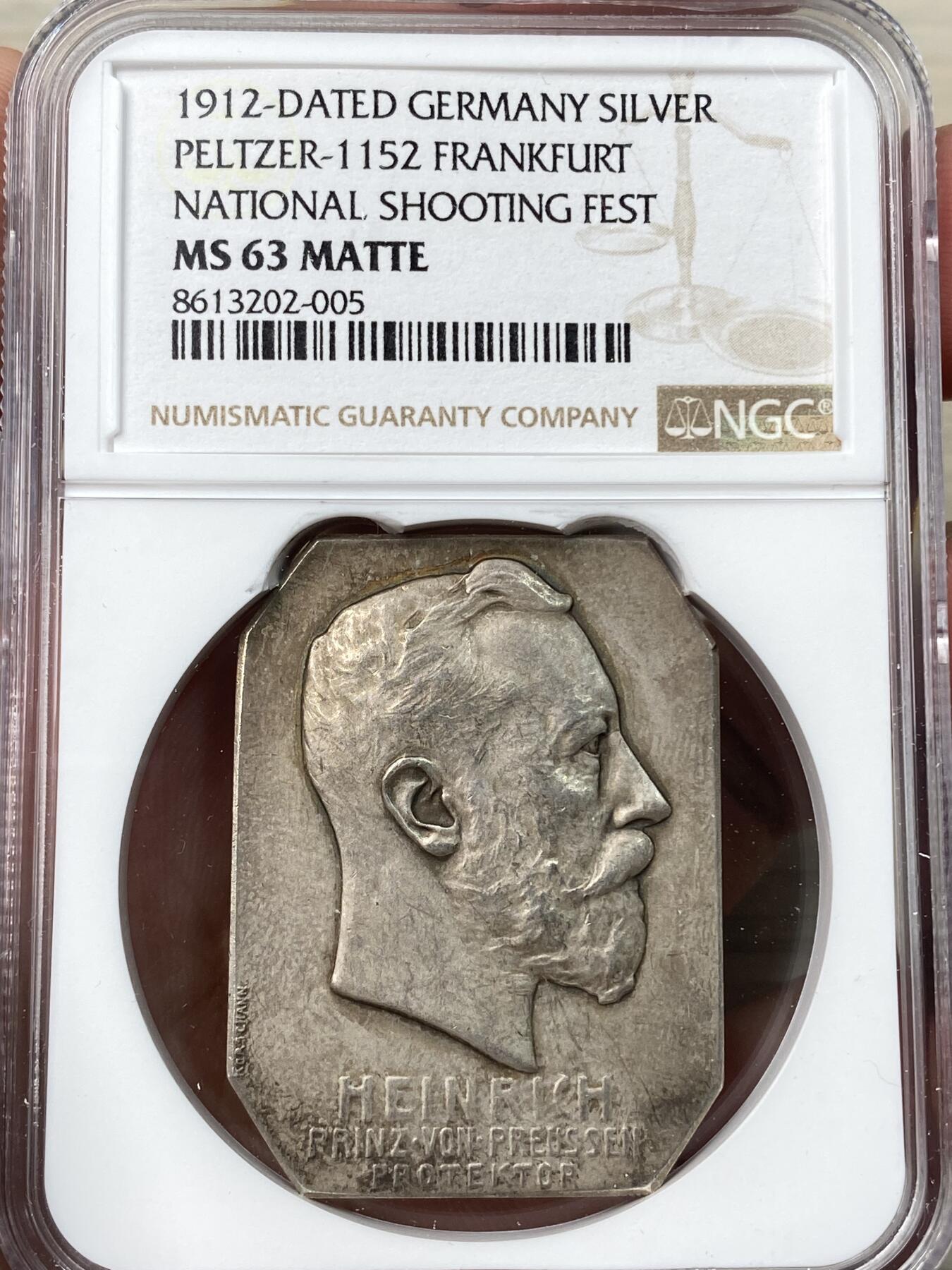 万国钱币拍卖第055期 NGC MS63 1912年德国法兰克福联邦射击节纪念方形大银章 少见磨砂MATTE品质小盒装极其难得