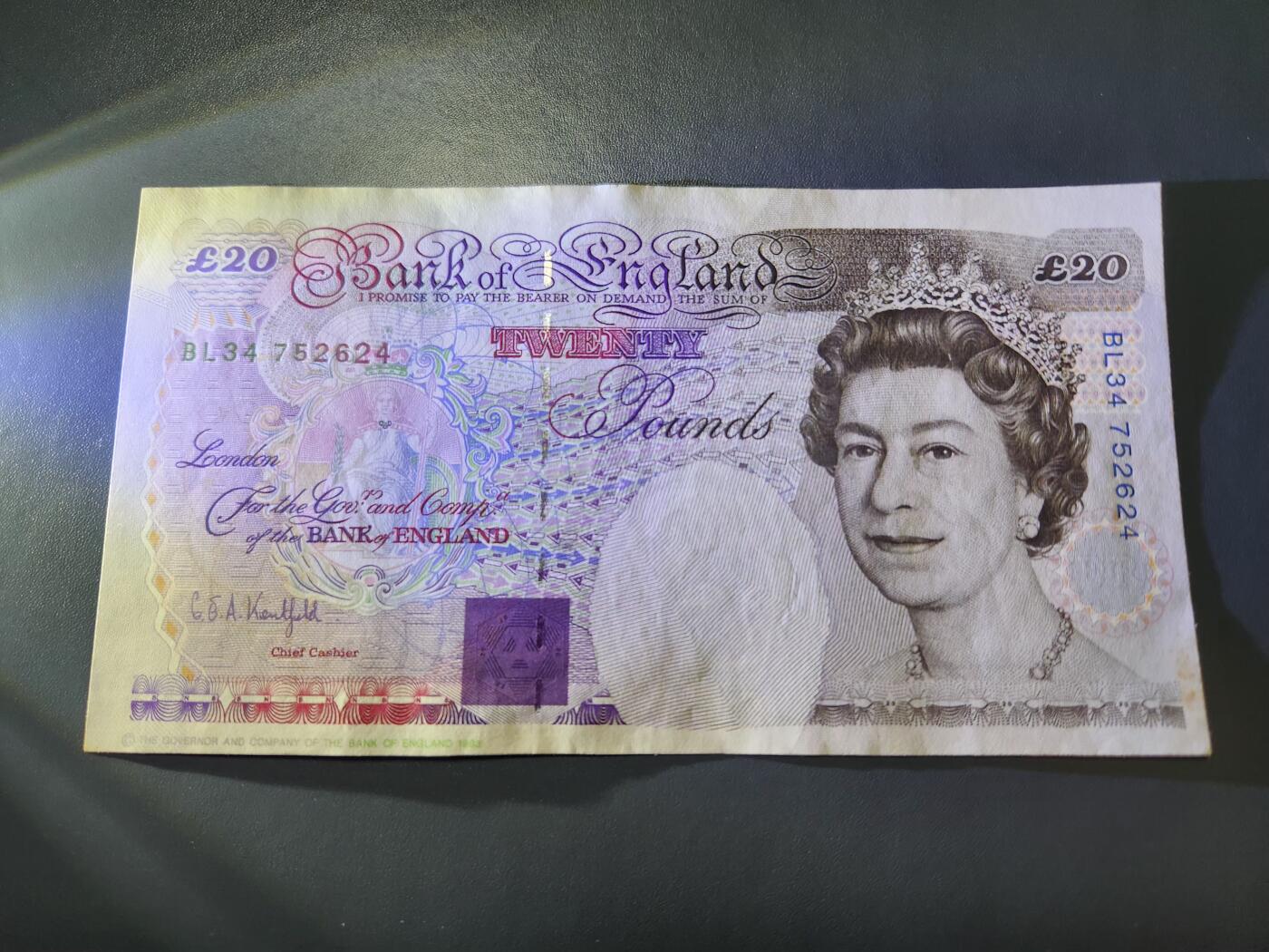 11月15号晚上8点 外国纸币自动截拍第58场 英国20镑纸币E序列 1991-1998年皇冠初版 法拉第 美品