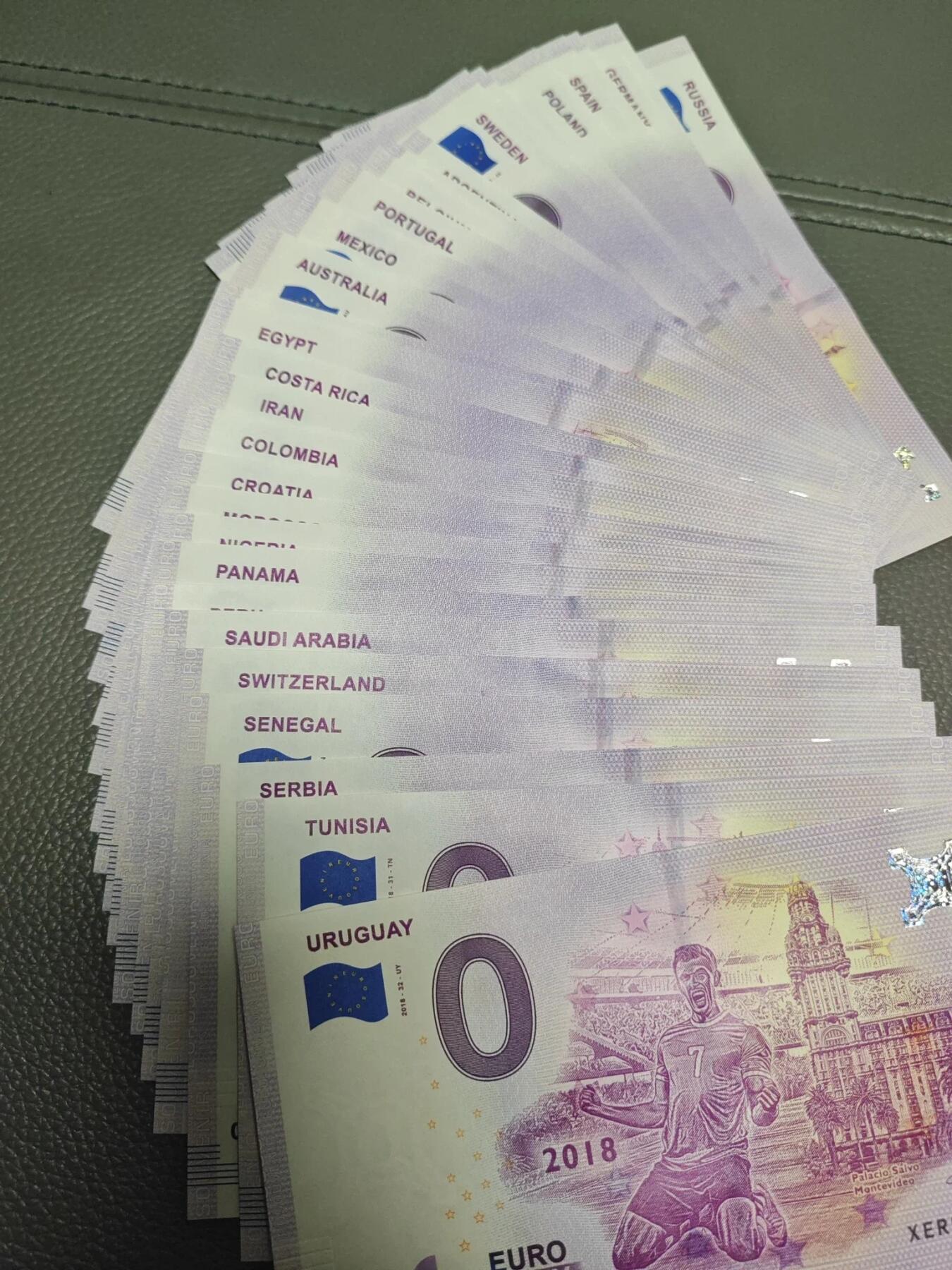 0欧元纪念钞 俄罗斯世界杯 2018年 32国大全套 全同号 无4 全新UNC 