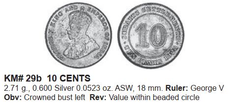 英属海峡殖民地 银币 10分 20分 乔治五世 2枚套 1927 1919