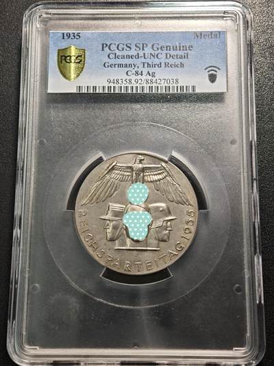【德藏】世界币章拍卖第152期（拍品征集中~欢迎藏友联系） - 1935年 德国纽伦堡帝国日3人像纪念大银章 PCGS SP UNC 大盒封装（原图请查询PCGS评级公司官网）