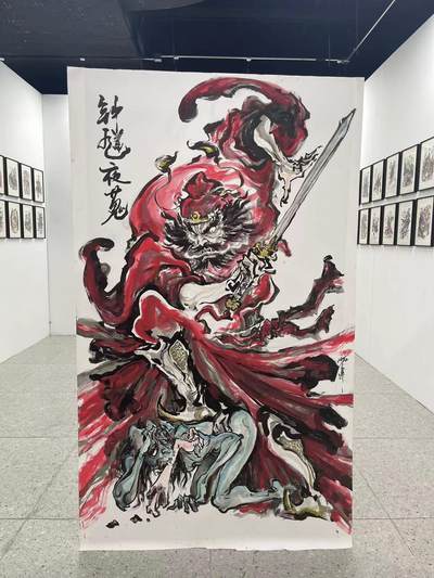 白泽拍卖卡牌手绘专场第28期（细雨生寒、寻梅闻香） 2025 沈鑫手绘画 钟馗夜蒐 尺寸：118cm*180cm