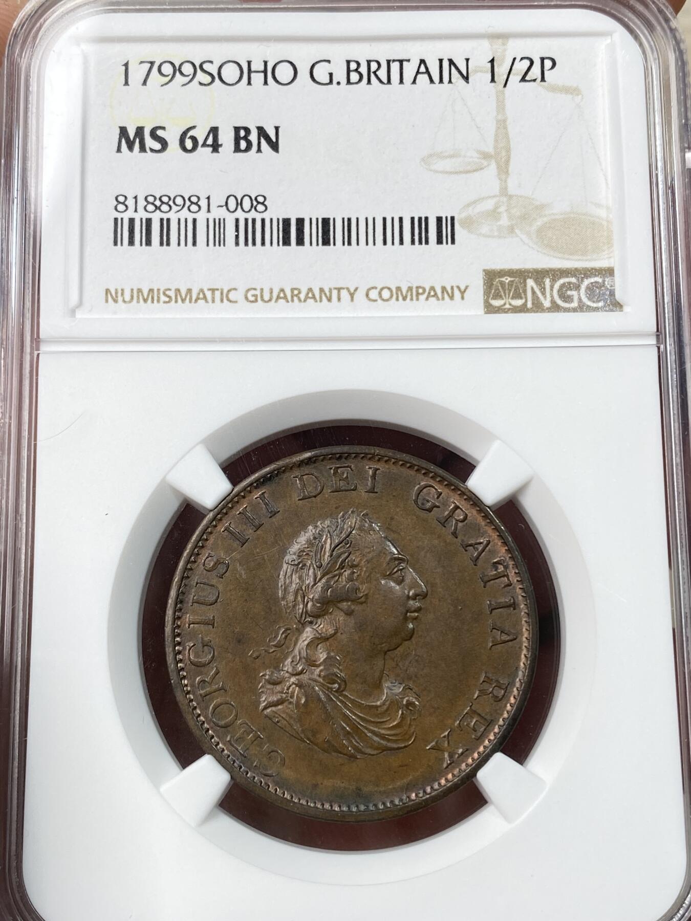 万国钱币拍卖第055期 NGC MS64 1799年英国乔治三世1/2半便士打铜币 SOHO厂出品 领先时代的顶级工艺