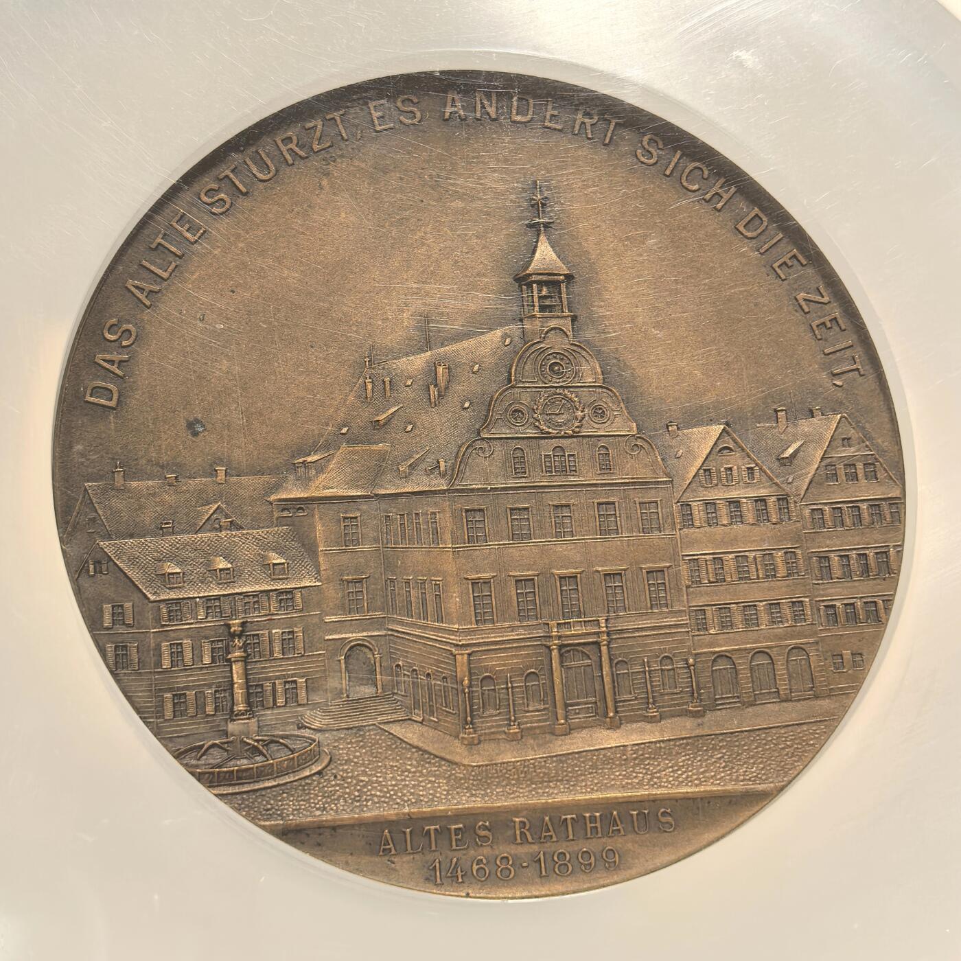 博洋堂世界钱币拍卖第146期（全场包邮） NGC MS63 德国1905年斯图加特市镇中心建成纪念大铜章，60mm巨大款，背面是城镇风景图，硬核的德系风景大章！