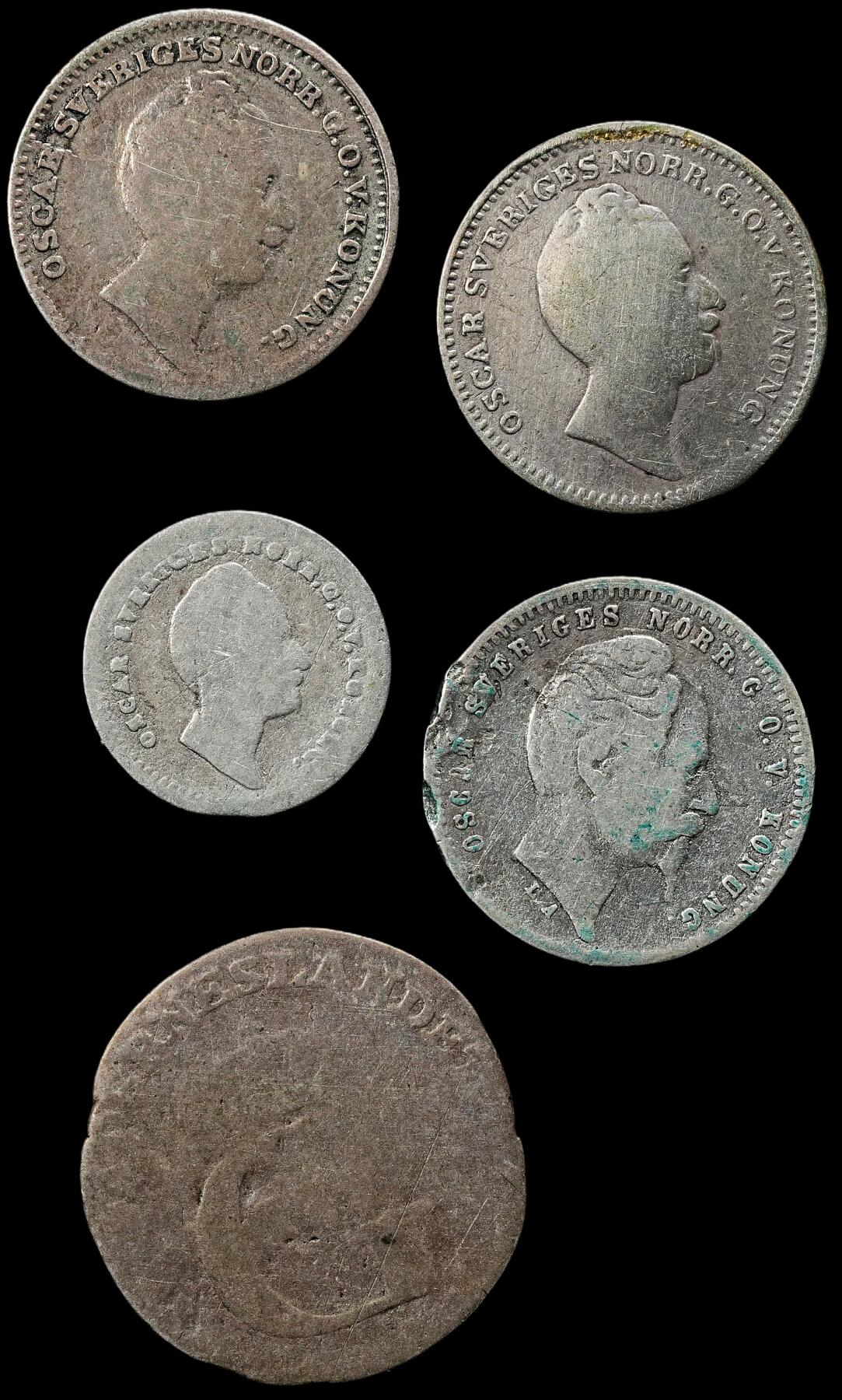 修遠堂世界钱币第九十三期 瑞典早期小银币5枚 品弱 总重9.12g