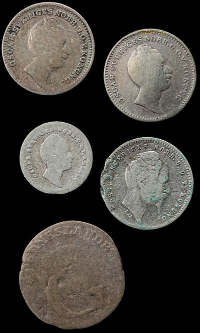 修遠堂世界钱币第九十三期 - 瑞典早期小银币5枚 品弱 总重9.12g