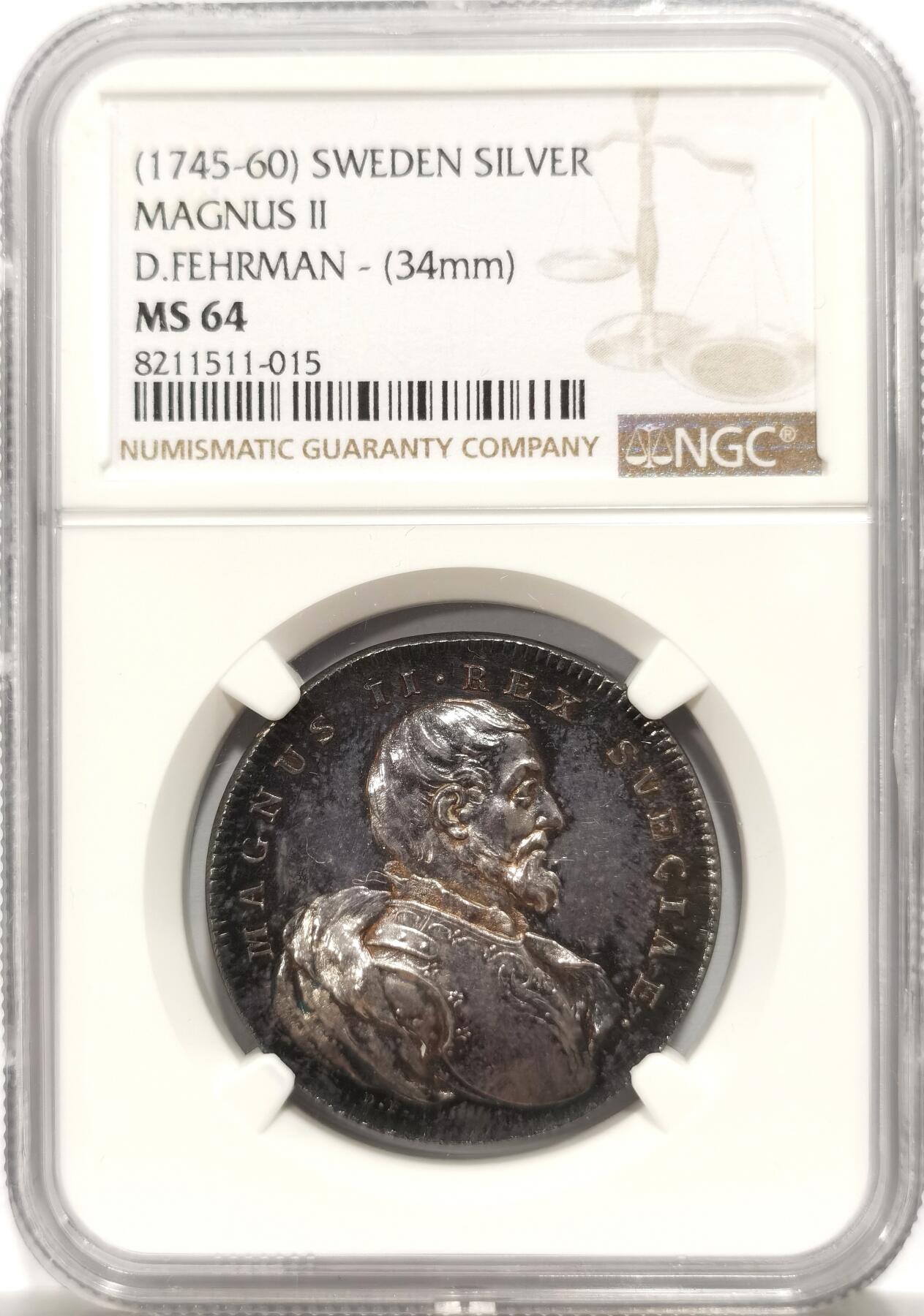 博洋堂世界钱币拍卖第146期（全场包邮） NGC MS64 十八世纪中叶无年份瑞典马格努斯二世币型章，强镜面感高浮雕，制作极为精良，十八世纪北欧的极致铸造工艺，原味酱彩状态非常出色，非常少见的品种