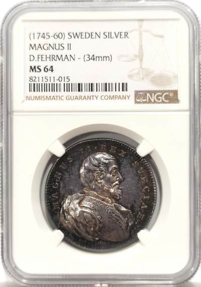博洋堂世界钱币拍卖第146期（全场包邮） - NGC MS64 十八世纪中叶无年份瑞典马格努斯二世币型章，强镜面感高浮雕，制作极为精良，十八世纪北欧的极致铸造工艺，原味酱彩状态非常出色，非常少见的品种