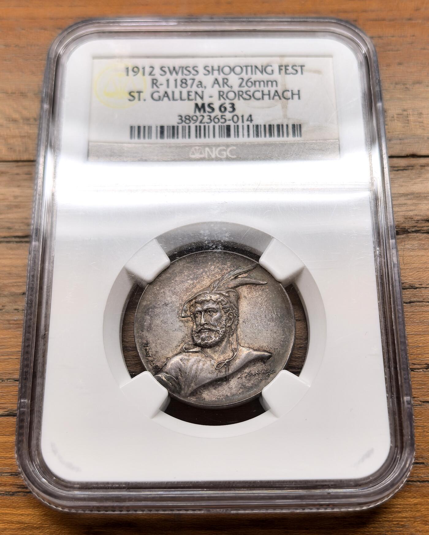 泉海漫舟·凡希社世界钱币微拍第三百十四期 1912瑞士圣加仑-罗夏射击节纪念银章NGC-MS62，精美。