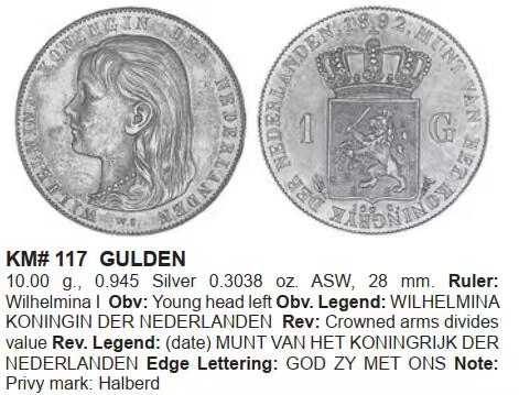 荷兰 银币 1盾 威廉明娜女王少女版 1892年