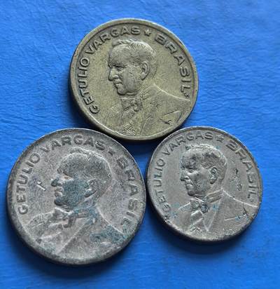 外国优质老铜币银币，周六九点倒数截拍，满百包邮，可寄存半年，喜欢朋友微信扫描二维码可直接参拍 - 巴西1942年-1943年铜币3枚