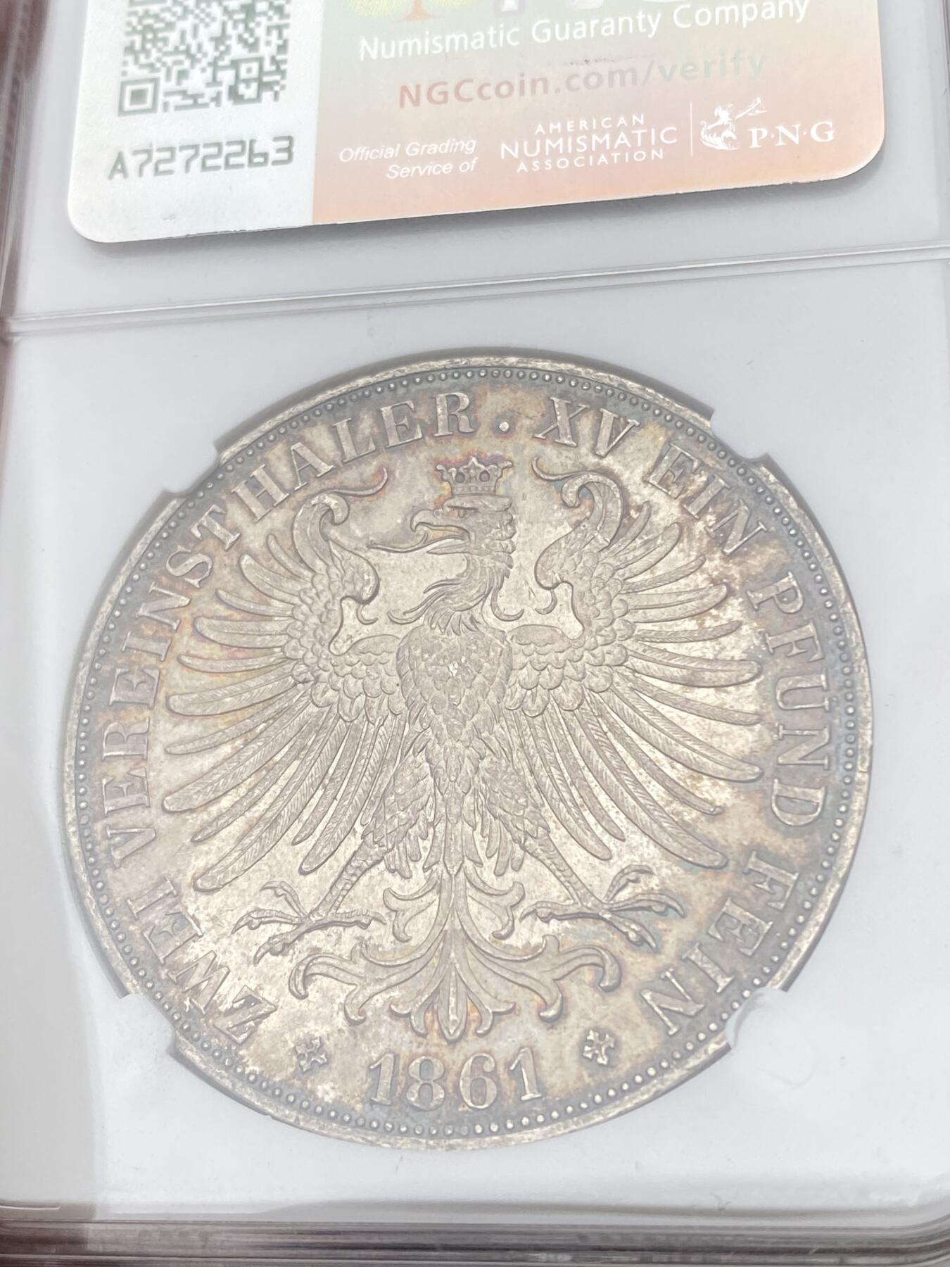 万国钱币拍卖第055期 NGC MS61 1861年德国法兰克福少女流通2泰勒 经典法兰城少女2T 欧陆深五彩转光 状态极度舒适