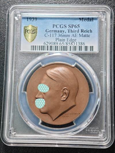 【德藏】世界币章拍卖第152期（拍品征集中~欢迎藏友联系） - 1939年 德国民族社会主义工人党党首50岁铜章 PCGS SP65（原图请查询PCGS评级公司官网）