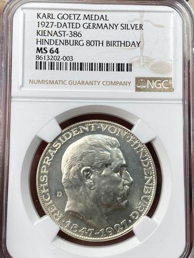 万国钱币拍卖第055期 - NGC MS64 1927年德国魏玛共和国兴登堡总统80大寿5马克币章 卡尔哥茨作品 原味银霜锋利质感顶级收藏品质