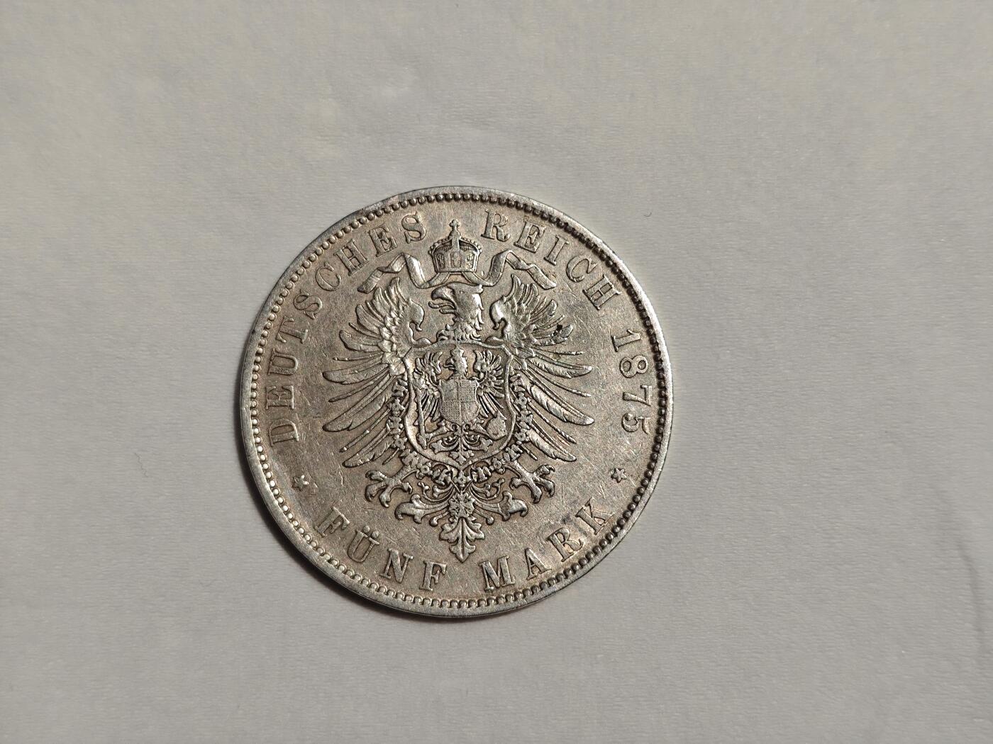 德国 银币 5马克 萨克森 短翅鹰 1875年