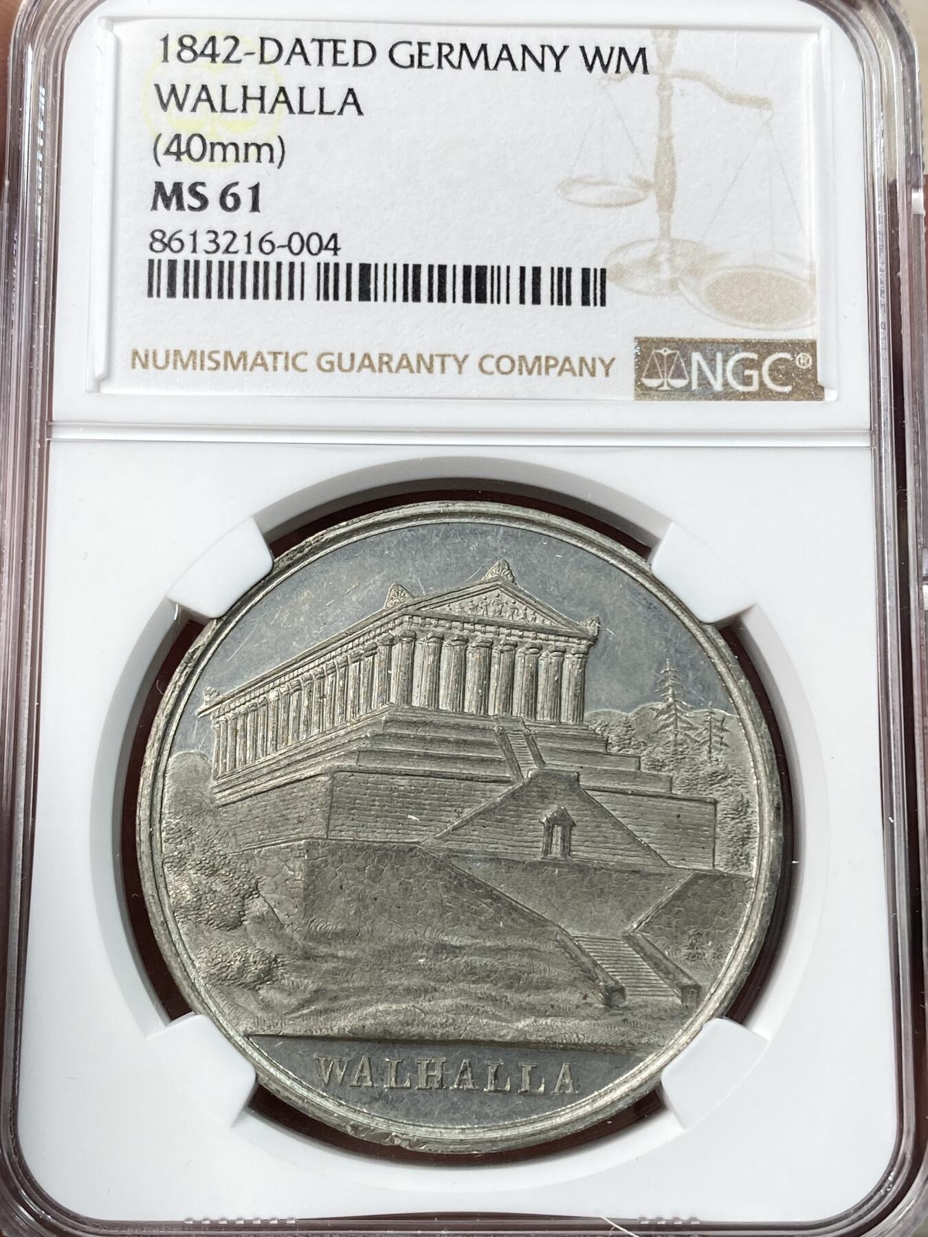万国钱币拍卖第055期 NGC MS61 1842年德国巴伐利亚瓦尔哈拉死亡圣殿落成纪念大锡章 罕见圣殿向右的版本 镜面典藏品质