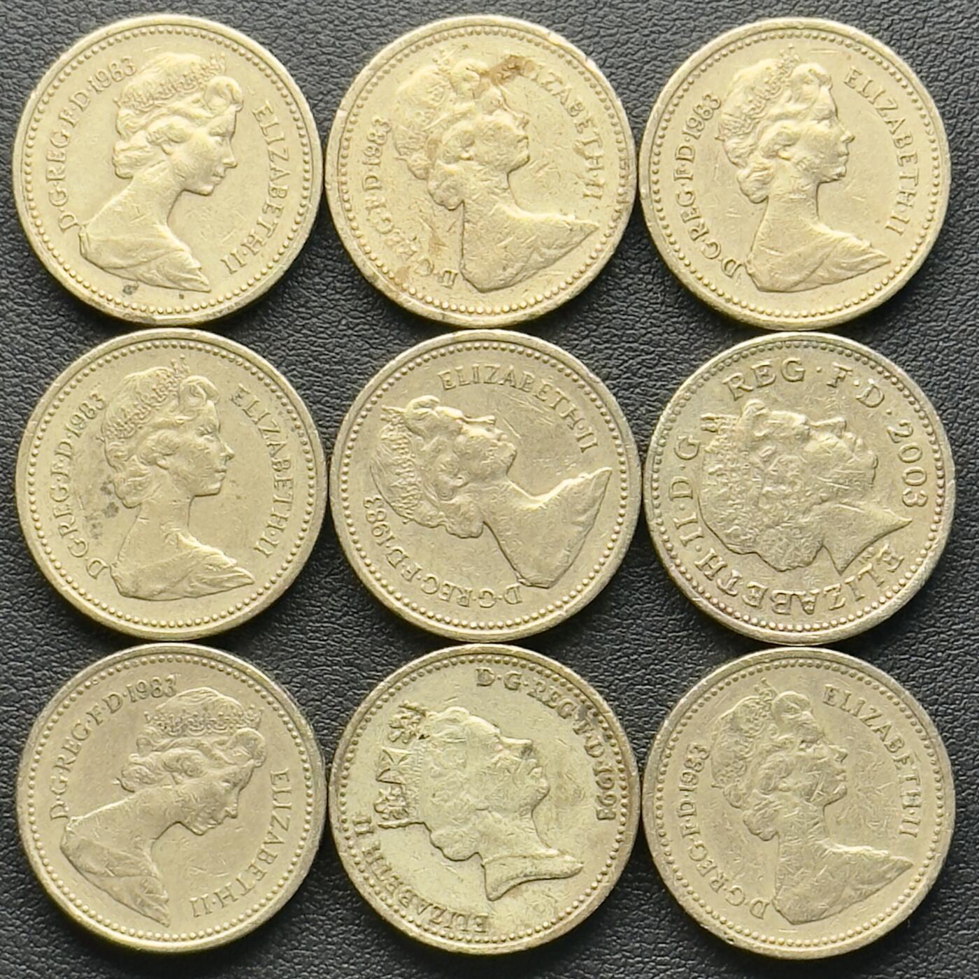 ＜小葵钱铺＞第65期·散币·银币场·满200包邮，不寄存·17号发货 英国散年份皇家徽章1镑黄铜纪念币9枚