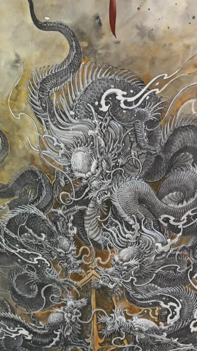 白泽拍卖卡牌手绘专场第28期（细雨生寒、寻梅闻香） 2025 刘晓明手绘画 长画九龙 尺寸1m*2m