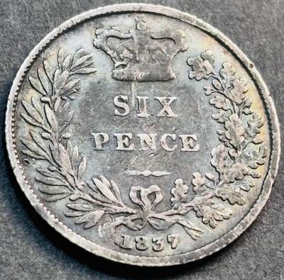 文馨钱币收藏第 281 场，【 长期接收代拍品】银元，银币，套币，纸币专场（本场截拍后休息三天，19 号发货） - 少见带彩 1837 年英国威廉四世 6 便士银币，也是关门版