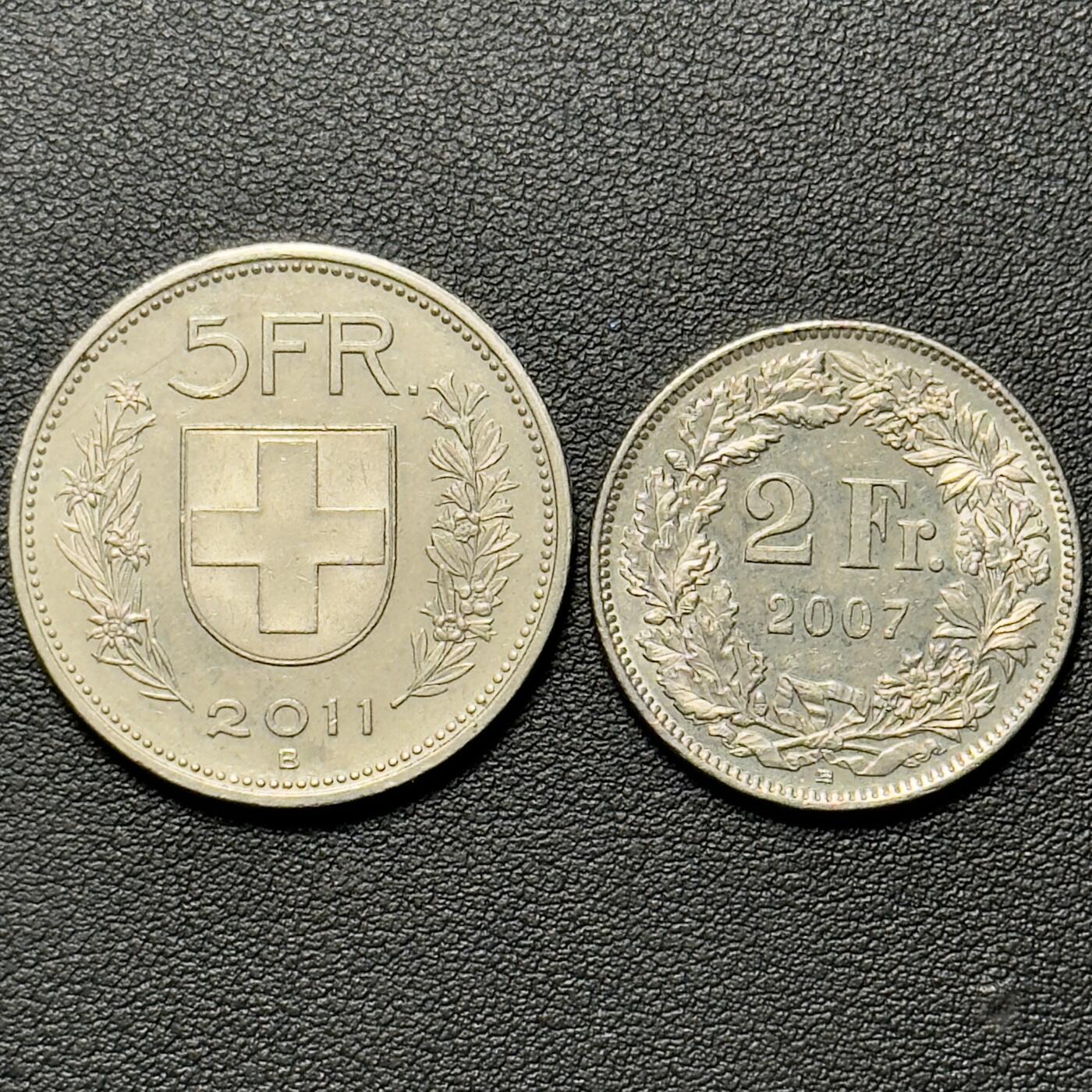 ＜小葵钱铺＞第65期·散币·银币场·满200包邮，不寄存·17号发货 瑞士2007年、2011年2法郎、5法郎硬币2枚