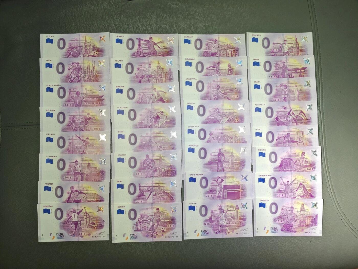 0欧元纪念钞 俄罗斯世界杯 2018年 32国大全套 全同号 无4 全新UNC 