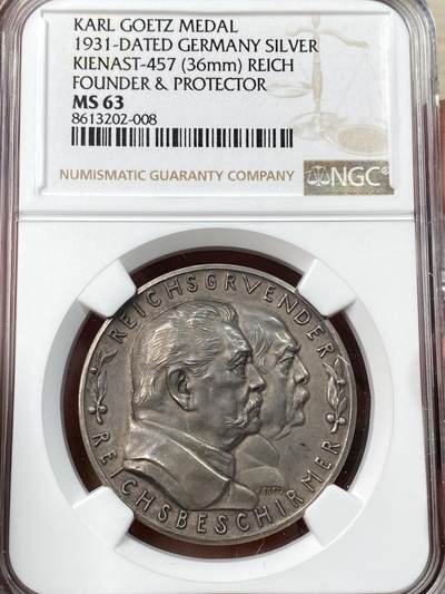 万国钱币拍卖第055期 - NGC MS63 1931年德国普法战争胜利60周年纪念银章 卡尔哥茨设计帝国缔造俾斯麦与守卫者兴登堡