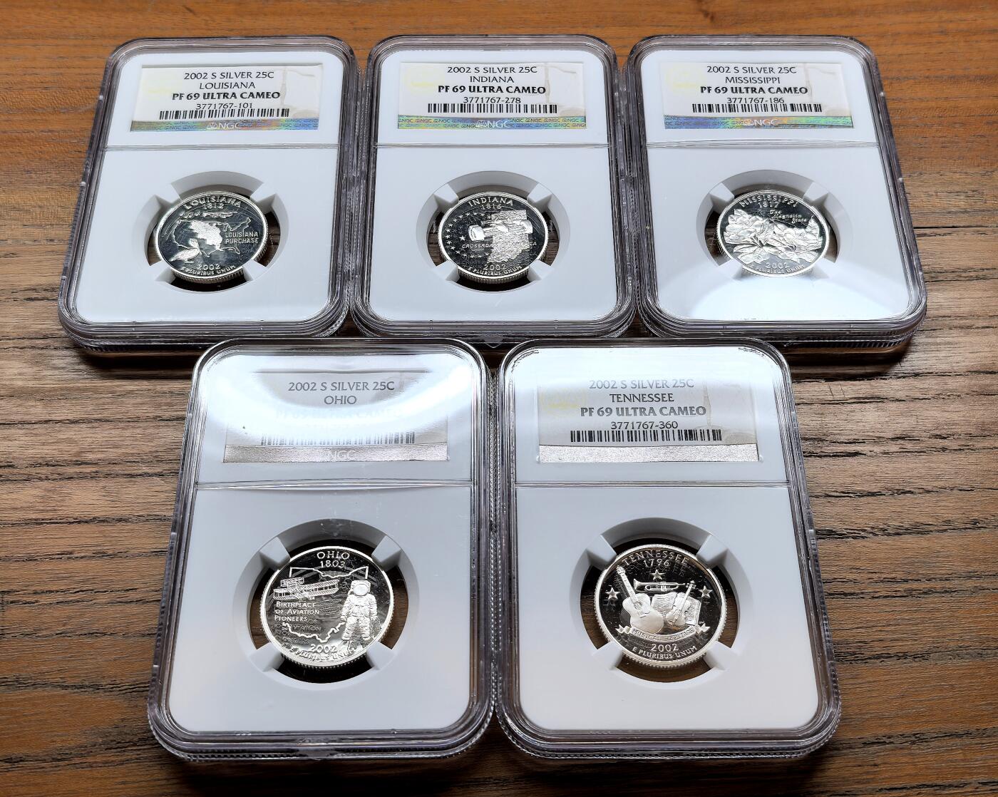 泉海漫舟·凡希社世界钱币微拍第三百十四期 2002美国联邦州25分银币五枚套NGC-PF69UC路易斯安娜等