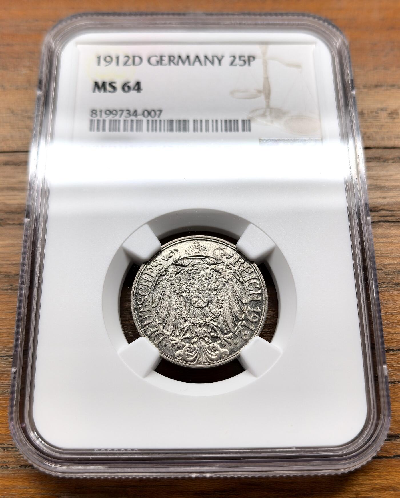 泉海漫舟·凡希社世界钱币微拍第三百十四期 1912D德国王冠鹰25芬尼NGC-MS64