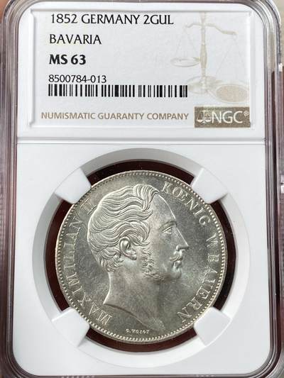 万国钱币拍卖第055期 - NGC MS63 1852年德国巴伐利亚马克西米利安二世双狮护盾流通2古尔登大银币 深峻的浮雕感与银霜质感对于流通币来说非常难得 观感超越分数的状态