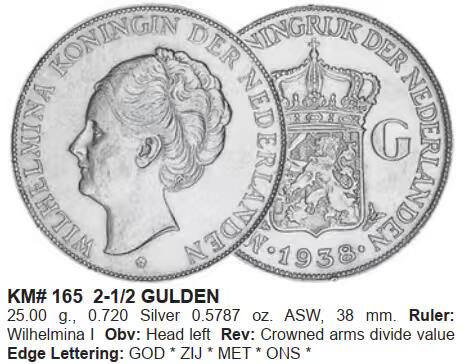荷兰 银币 2.5盾 威廉明娜女王 1937年
