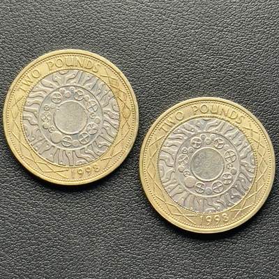 ＜小葵钱铺＞第65期·散币·银币场·满200包邮，不寄存·17号发货 - 英国1998年科技齿轮四环2镑双色纪念币2枚